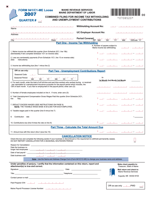 Form 941/c1-Me - Combined Filing For Income Tax Withholding And Unemployment Contributions - 2007 Printable pdf