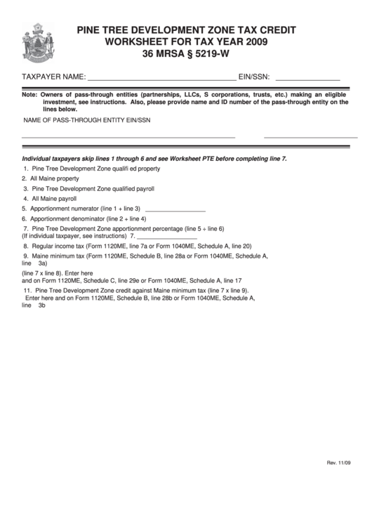 Pine Tree Development Zone Tax Credit Worksheet For Tax Year 2009 - Maine Department Of Revenue Printable pdf