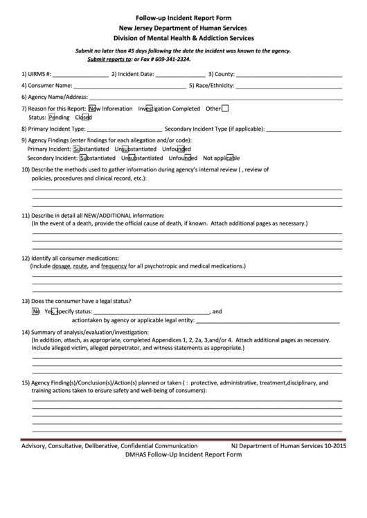 Form Dmhas - Follow-Up Incident Report Form October 2015 Printable pdf