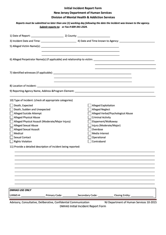 Form Dmhas - Initial Incident Report Form October 2015 Printable pdf