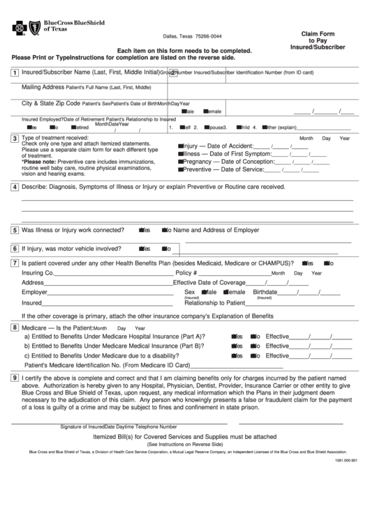 Form 1081.000-901 - Claim Form To Pay Insured/subscriber 2001 Printable pdf