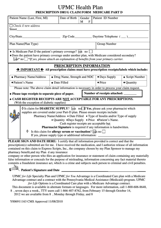Form Y0069 - Prescription Drug Claim Form Medicare Part D - Upmc Health Plan Printable pdf