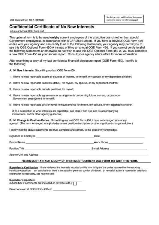 Fillable Form 450 - Confidential Certificate Of No New Interests - U.s. Office Of Government Ethics Printable pdf