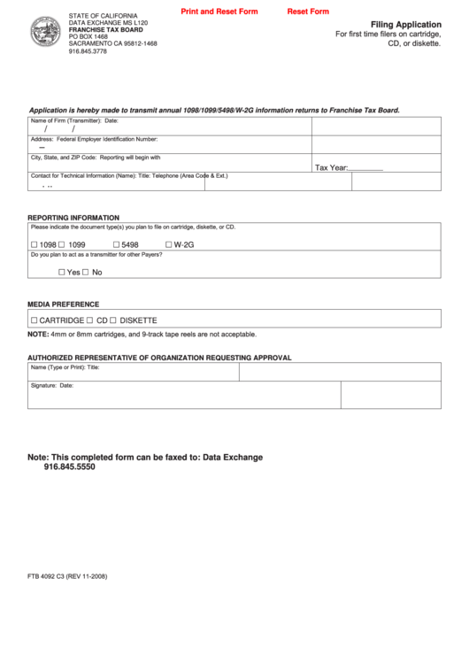 Fillable Form Ftb 4092 C3 - Filing Application For First-Time Filers On Cartridge, Cd, Or Diskette - 2008 Printable pdf