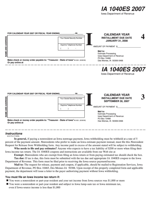 Form Ia 1040es - Individual Income Estimate Tax Payment Voucher - 2007 Printable pdf