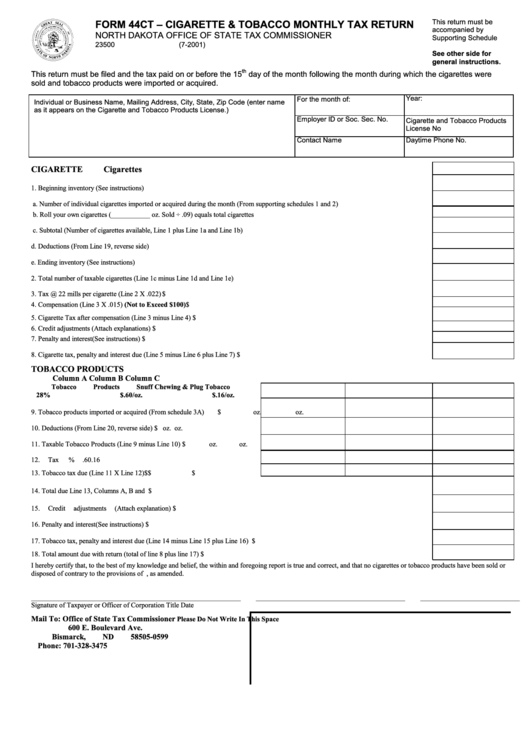 Fillable Form 44ct - Cigarette & Tobacco Monthly Tax Return Printable pdf