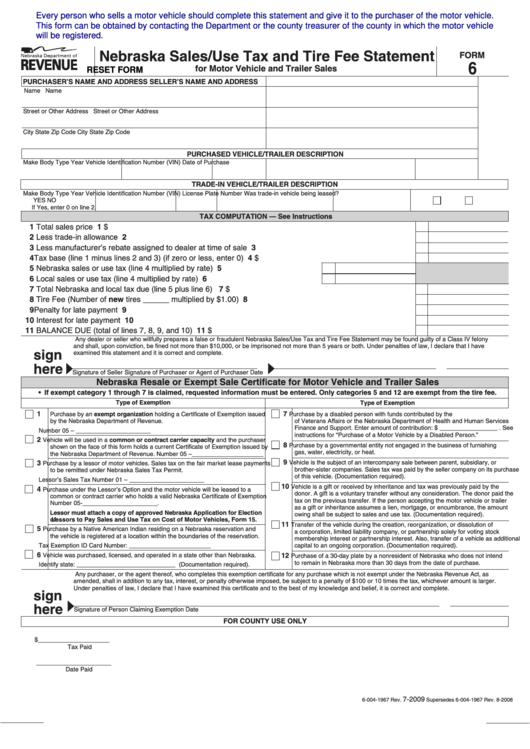 Fillable Form 6 - Nebraska Sales/use Tax And Tire Fee Statement For Motor Vehicle And Trailer Sales Printable pdf