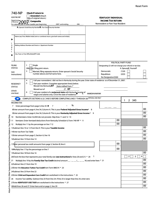 Fillable Form 740-Np - Kentucky Individual Income Tax Return Nonresident Or Part-Year Resident - 2007 Printable pdf