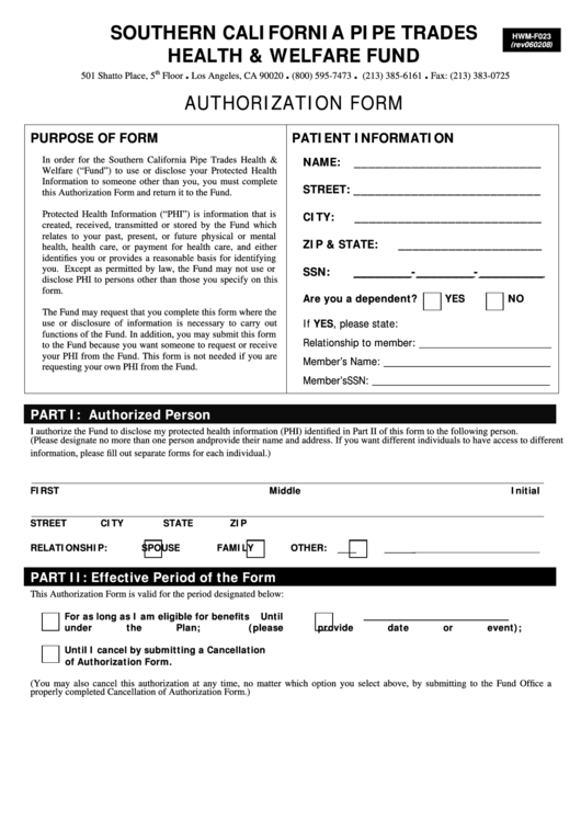 Form Hwm-F023 - Authorization Form Printable pdf