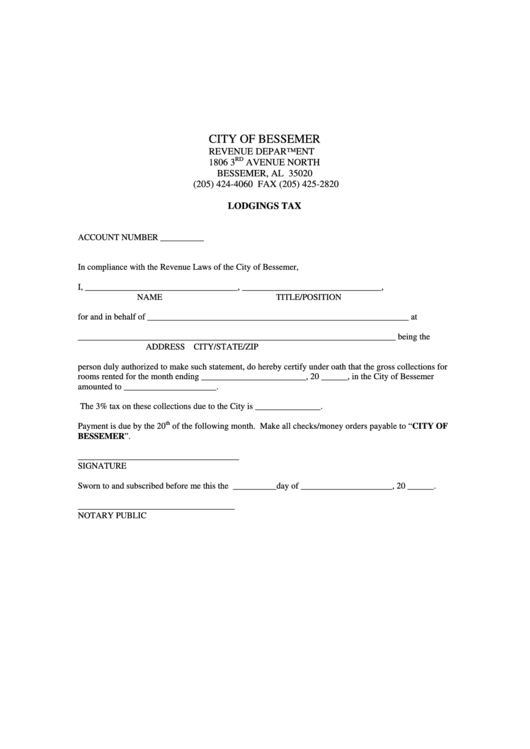 Lodgings Tax Form Printable pdf