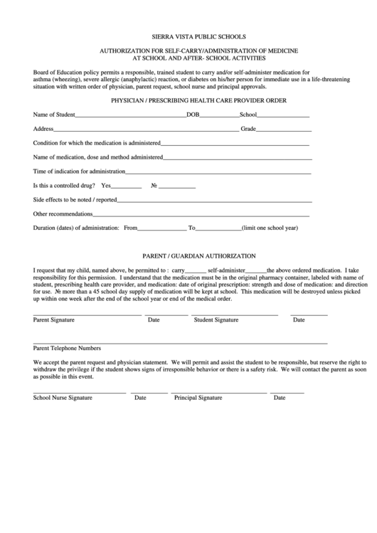 Fillable Authorization For Self-Carry/administration Of Medicine - Physician / Prescribing Health Care Provider Order Form Printable pdf