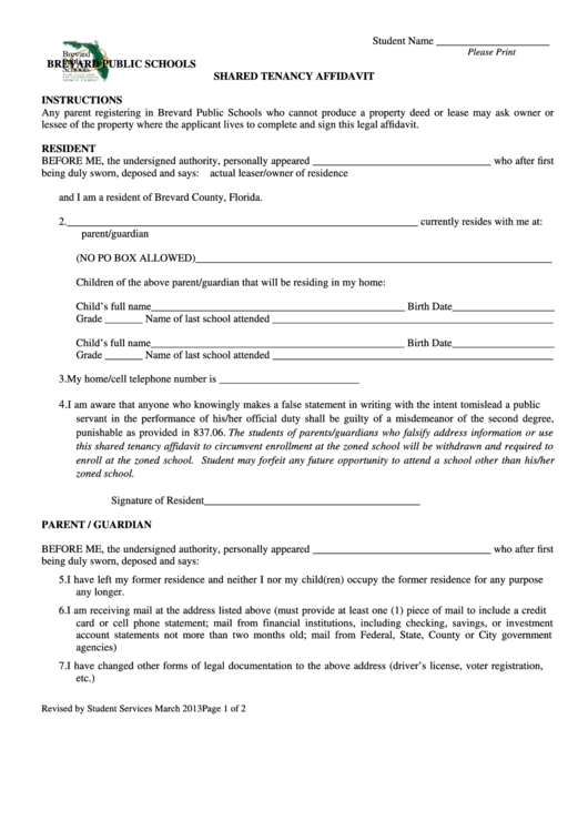 Fillable Shared Tenancy Affidavit Form March 2013 Printable pdf