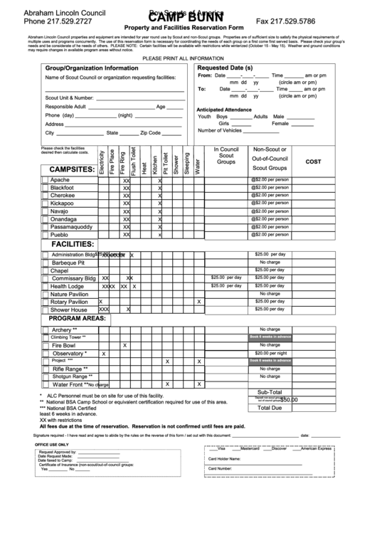 Property And Facilities Reservation Form-Camp Bunn Printable pdf