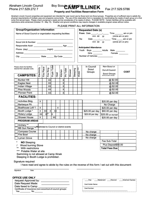 Property And Facilities Reservation Form-Camp Illinek Printable pdf