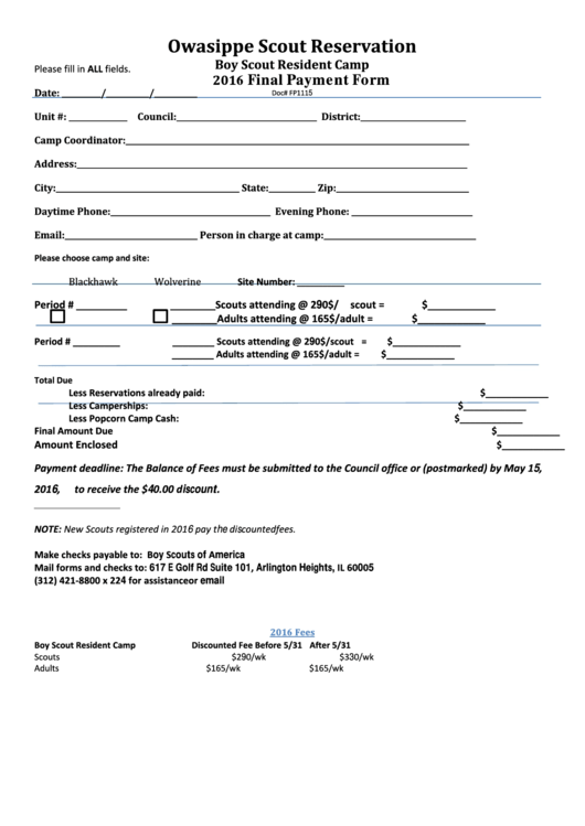Final Payment Form - 2016 Printable pdf