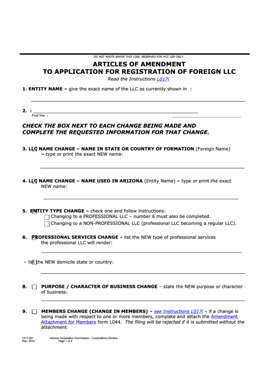 Fillable Articles Of Amendment To Application For Registration Of Foreign Llc Form - 2010 Printable pdf