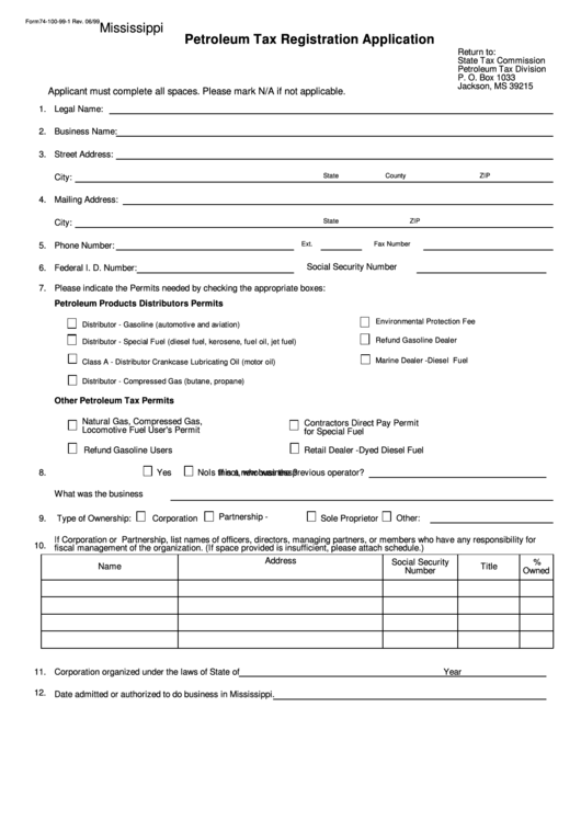 Form 74-100-99-1 - Petroleum Tax Registration Application - 1999 Printable pdf