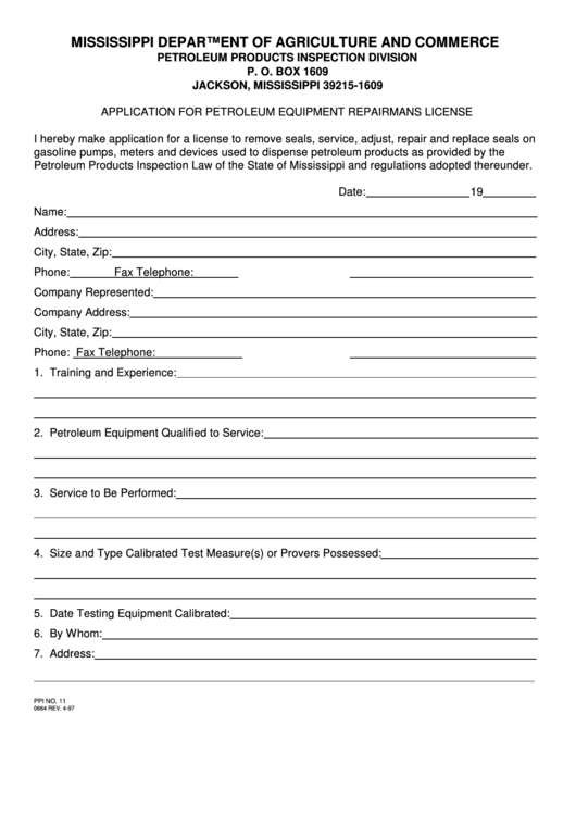 Fillable Form Ppi 11 - Application For Petroleum Equipment Repairmans License - 1997 Printable pdf