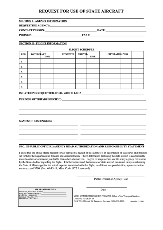 Request For Use Of State Aircraft Form Printable pdf