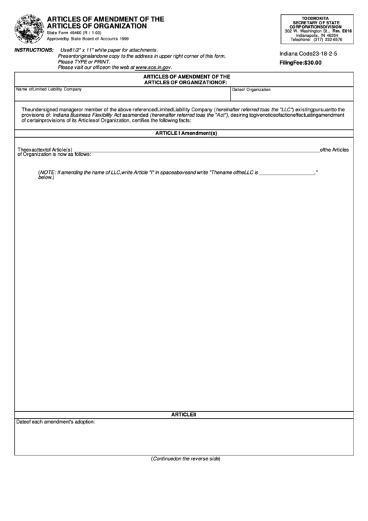 Fillable State Form 49460 - Articles Of Amendment Of The Articles Of Organization - 2003 Printable pdf