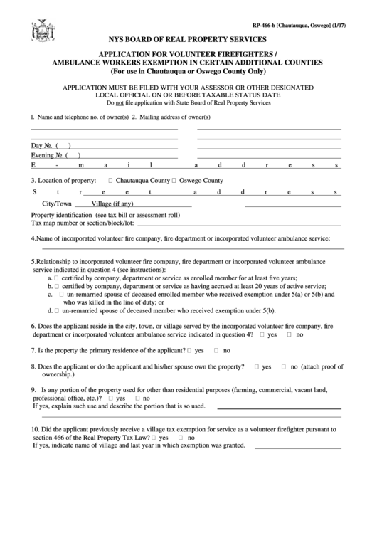 Application For Volunteer Firefighters / Ambulance Workers Exemption In Certain Additional Counties (For Use In Chautauqua Or Oswego County Only) Form - 2007 Printable pdf