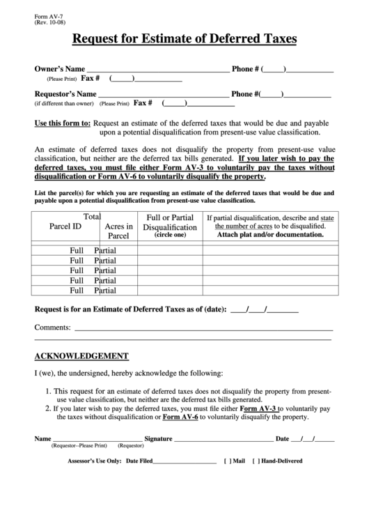 Form Av-7 - Request For Estimate Of Deferred Taxes Printable pdf