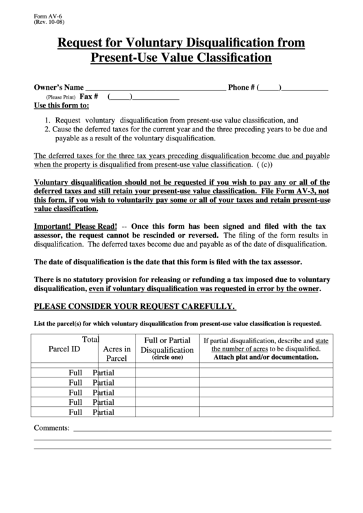Form Av-6 - Request For Voluntary Disqualification From Present-Use Value Classification Printable pdf