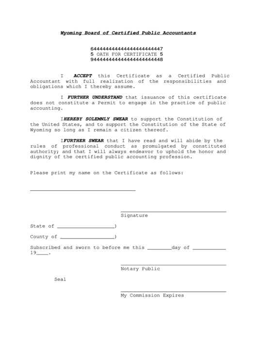 Oath For Certificate Form Printable pdf