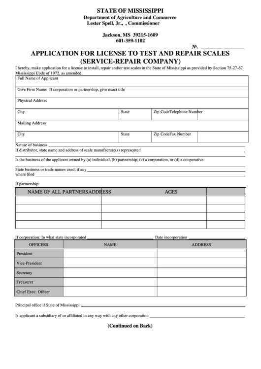 Fillable Application For License To Test And Repair Scales (Service-Repair Company) Form Printable pdf
