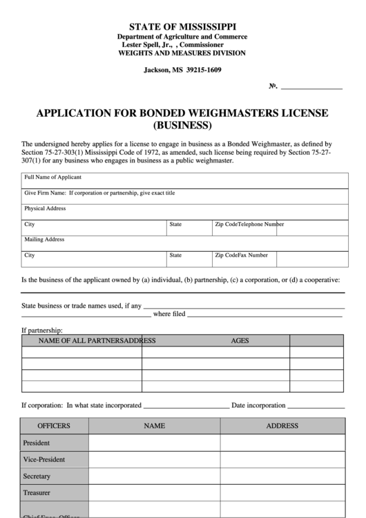 Fillable Application For Bonded Weighmasters License (Business) Form Printable pdf