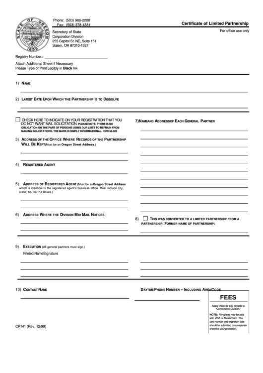 Fillable Form Cr141 - Certificate Of Limited Partnership Printable pdf