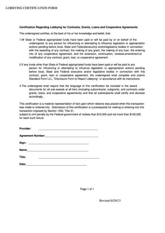 Fillable Lobbying Certification Form - 2013 Printable pdf