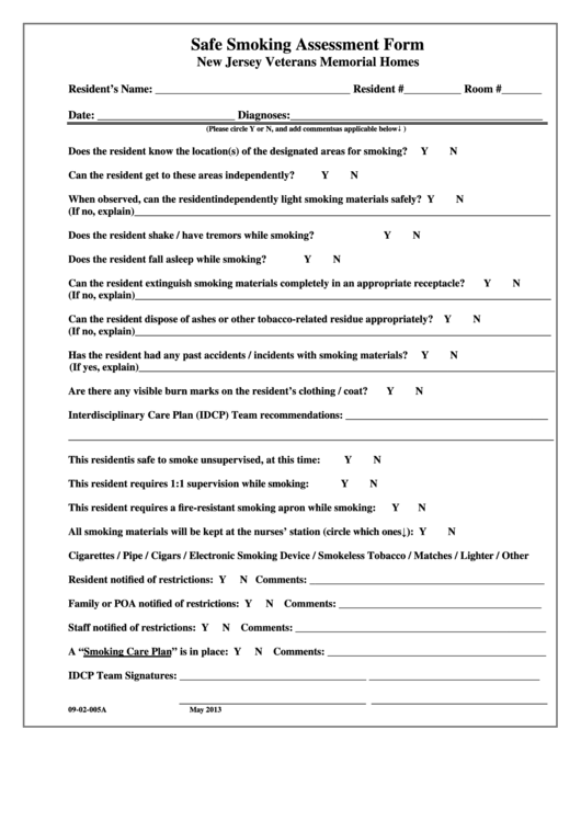 Safe Smoking Assessment Form - 2013 Printable pdf