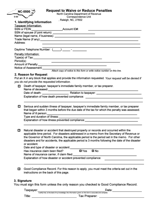 Form Nc-5500 - Request To Waive Or Reduce Penalties - 1999 Printable pdf