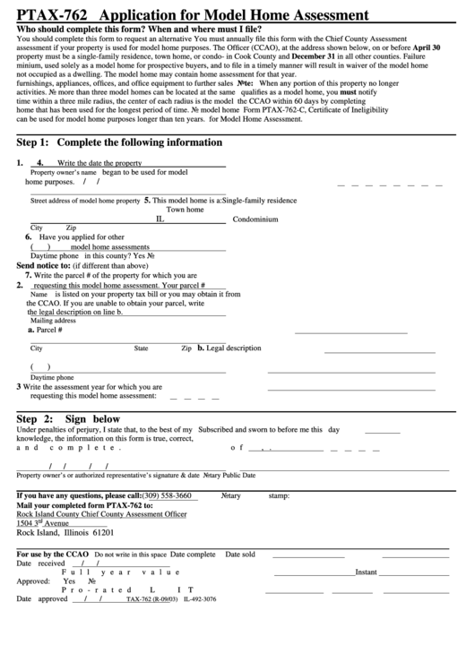 Fillable Form Ptax-762 - Application For Model Home Assessment - 2003 Printable pdf