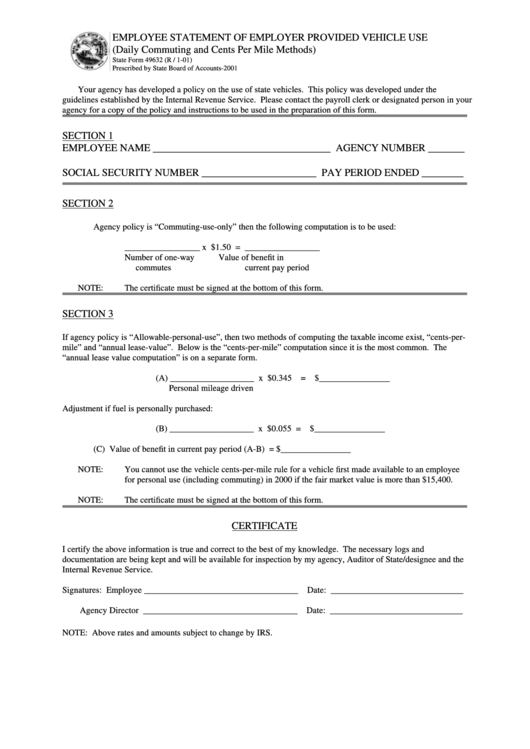 Fillable Form 49632 - Employee Statement Of Employer Provided Vehicle Use January 2001 Printable pdf