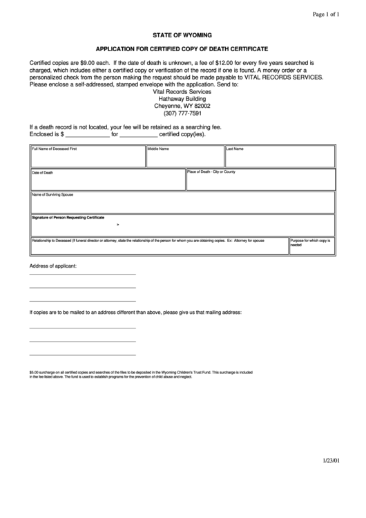 Application For Certified Copy Of Death Certificate Form January 2001 Printable pdf