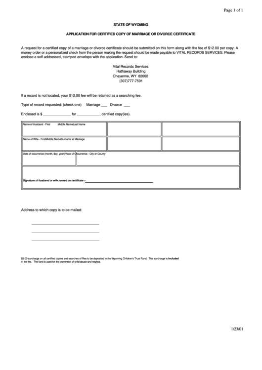 Application For Certified Copy Of Marriage Or Divorce Certificate Form January 2001 Printable pdf