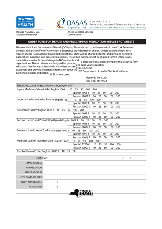 Order Form For Heroin And Prescription Medication Misuse Fact Sheets Printable pdf