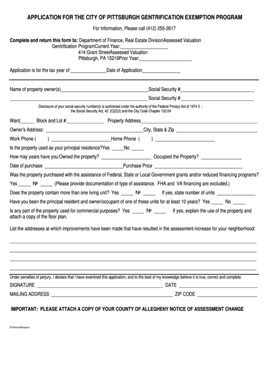 Application For The City Of Pittsburgh Gentrification Exemption Program Form Printable pdf