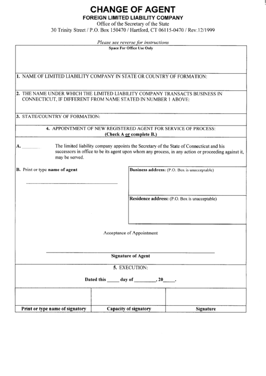 Change Of Agent - Foreign Limited Liability Company Form December 1999 Printable pdf