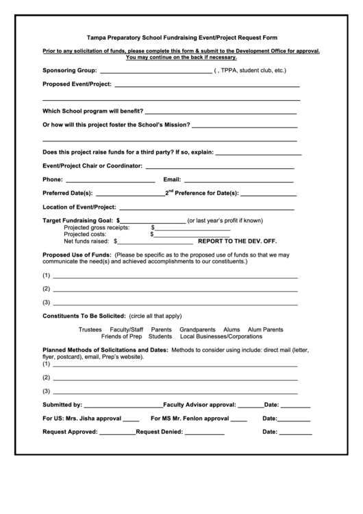 2014 Tampa Preparatory School Fundraising Event/project Request Form Template Printable pdf