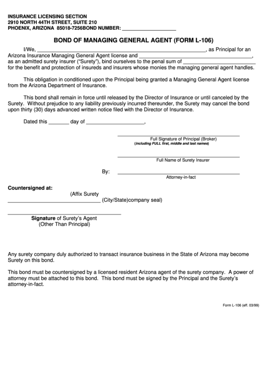 Form L-106 - Bond Of Managing General Agent Printable pdf