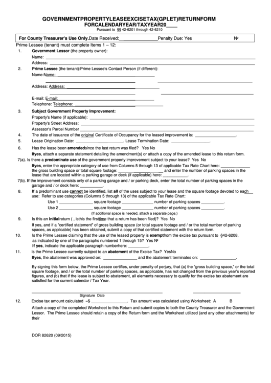 Fillable Form Dor 82620 - Government Property Lease Excise Tax (Gplet) Return Form Printable pdf