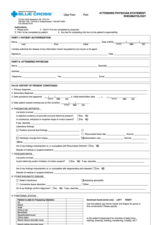 Fillable Rheumatology Attending Physician Statement Form Printable pdf