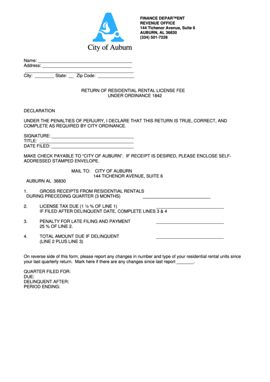 Return Of Residential Rental License Fee - City Of Auburn Printable pdf
