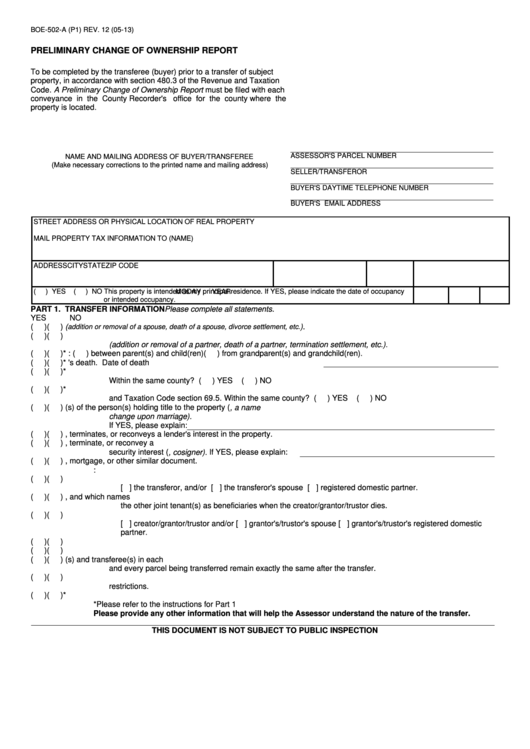 Form Boe-502-A (P1) - Preliminary Change Of Ownership Report - 2013 Printable pdf