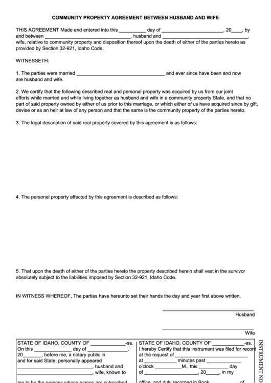 Community Property Agreement Between Husband And Wife Form Printable pdf
