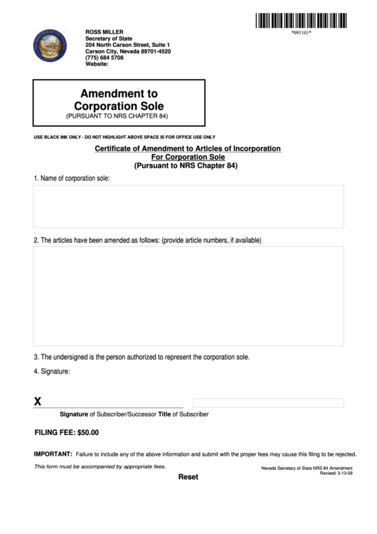 Fillable Certificate Form Of Amendment To Articles Of Incorporation For Corporation Sole Printable pdf