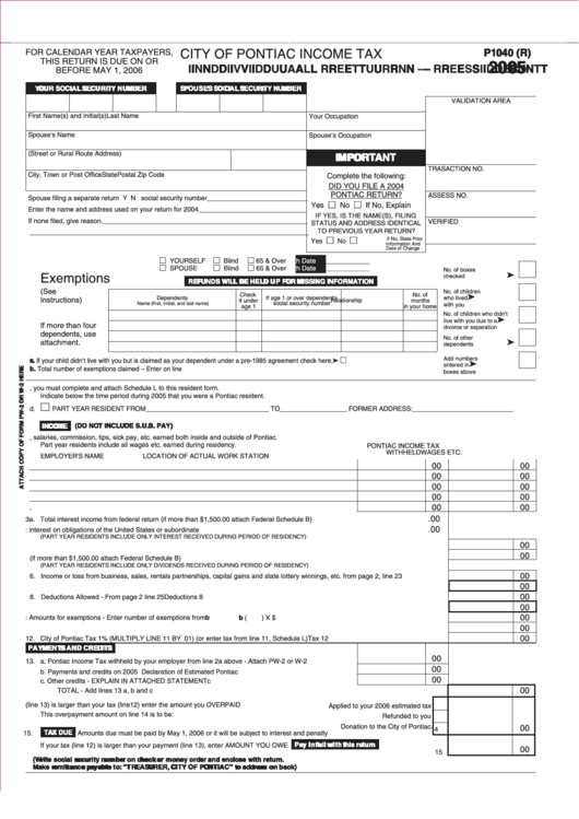 Form P1040 (R) - Individual Return - Resident - 2005 Printable pdf